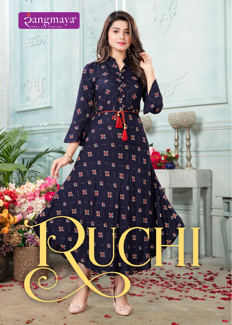Rangmaya Ruchi Rayon Printed Fancy Wetern Look Readymade Gown Collection