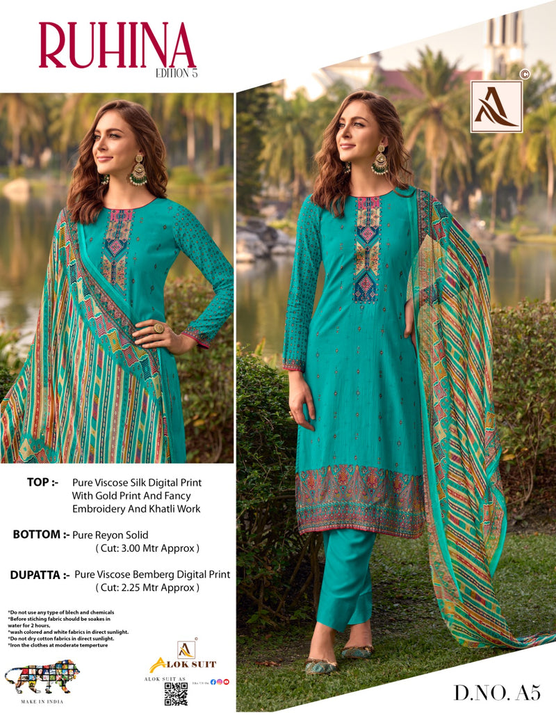 Alok Suits Ruhina Vol 5 Viscose Silk Digital Print With Fancy Embroidery Work Suits