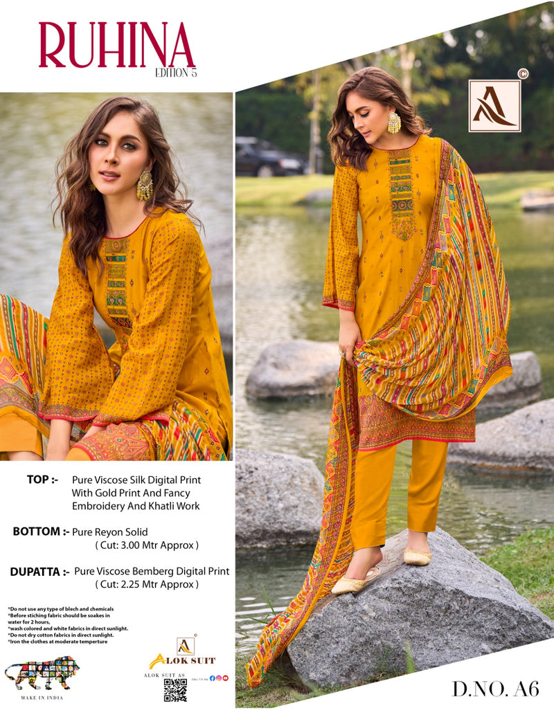 Alok Suits Ruhina Vol 5 Viscose Silk Digital Print With Fancy Embroidery Work Suits