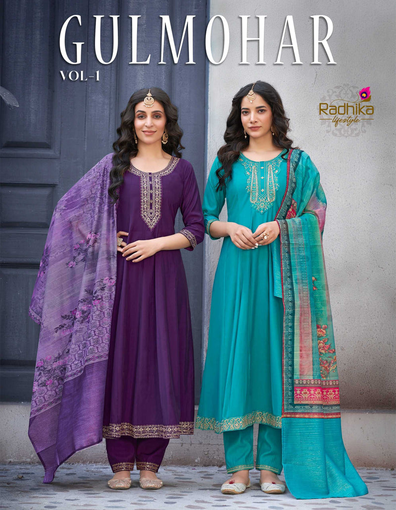 Radhika Lifestyle Gulmohar Vol 1 Heavy Roman Silk With Embroidery Work Chanderi Printed Pret Kurti