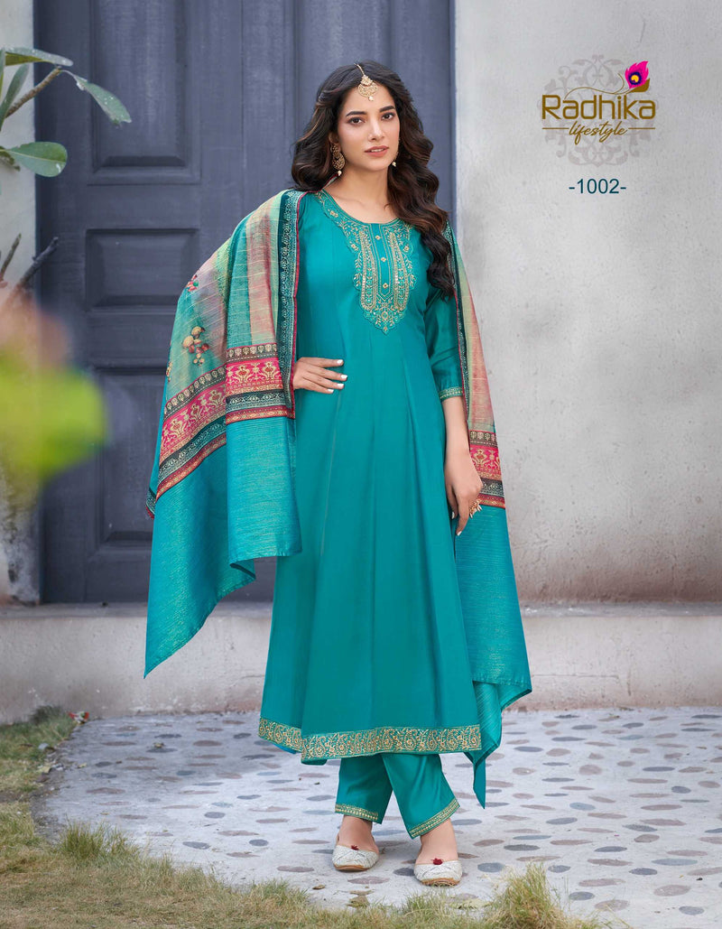 Radhika Lifestyle Gulmohar Vol 1 Heavy Roman Silk With Embroidery Work Chanderi Printed Pret Kurti