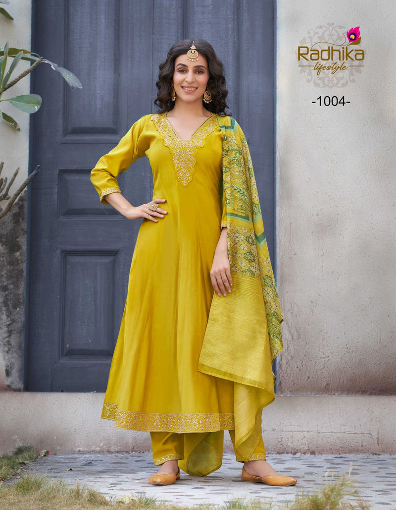 Radhika Lifestyle Gulmohar Vol 1 Heavy Roman Silk With Embroidery Work Chanderi Printed Pret Kurti