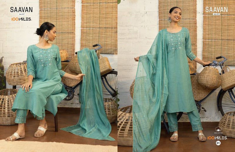 100 Miles Saavan Fancy Blend Fabric Pakistani Embroidery Style Kurti Pant & Dupatta Combo