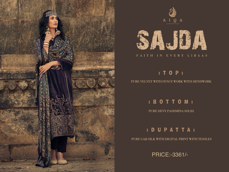 Aiqa Sajda Velvet With Fancy Work And Handwork Designer Casual Salwar Suits