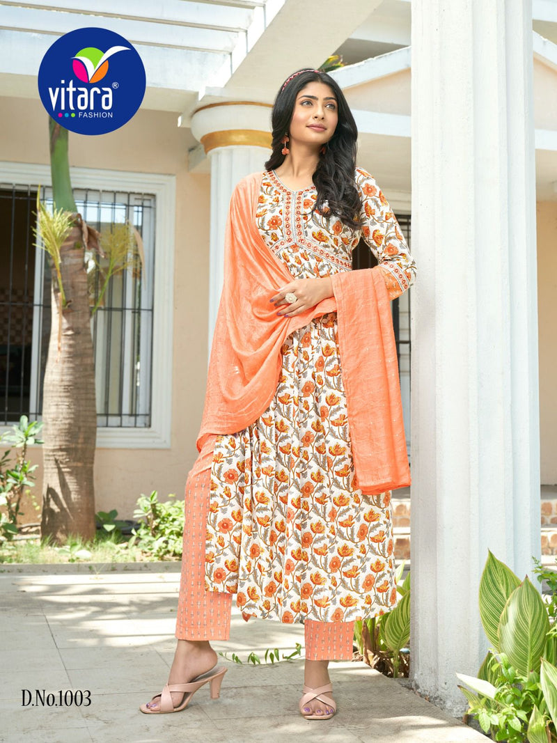 Vitara Fashion Sentosa Printed Rayon Alia Cut Style Kurti Pant With Dupatta