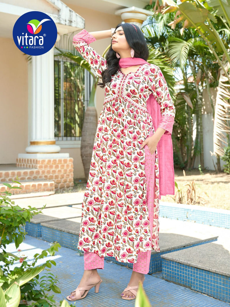 Vitara Fashion Sentosa Printed Rayon Alia Cut Style Kurti Pant With Dupatta