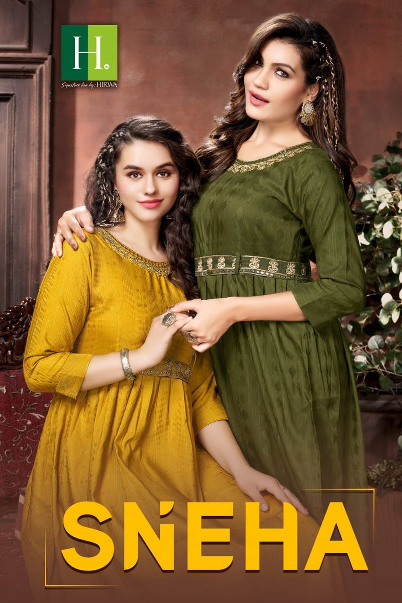 Hirwa Sneha Rayon Designer Naira Cut Style Fancy Kurtis