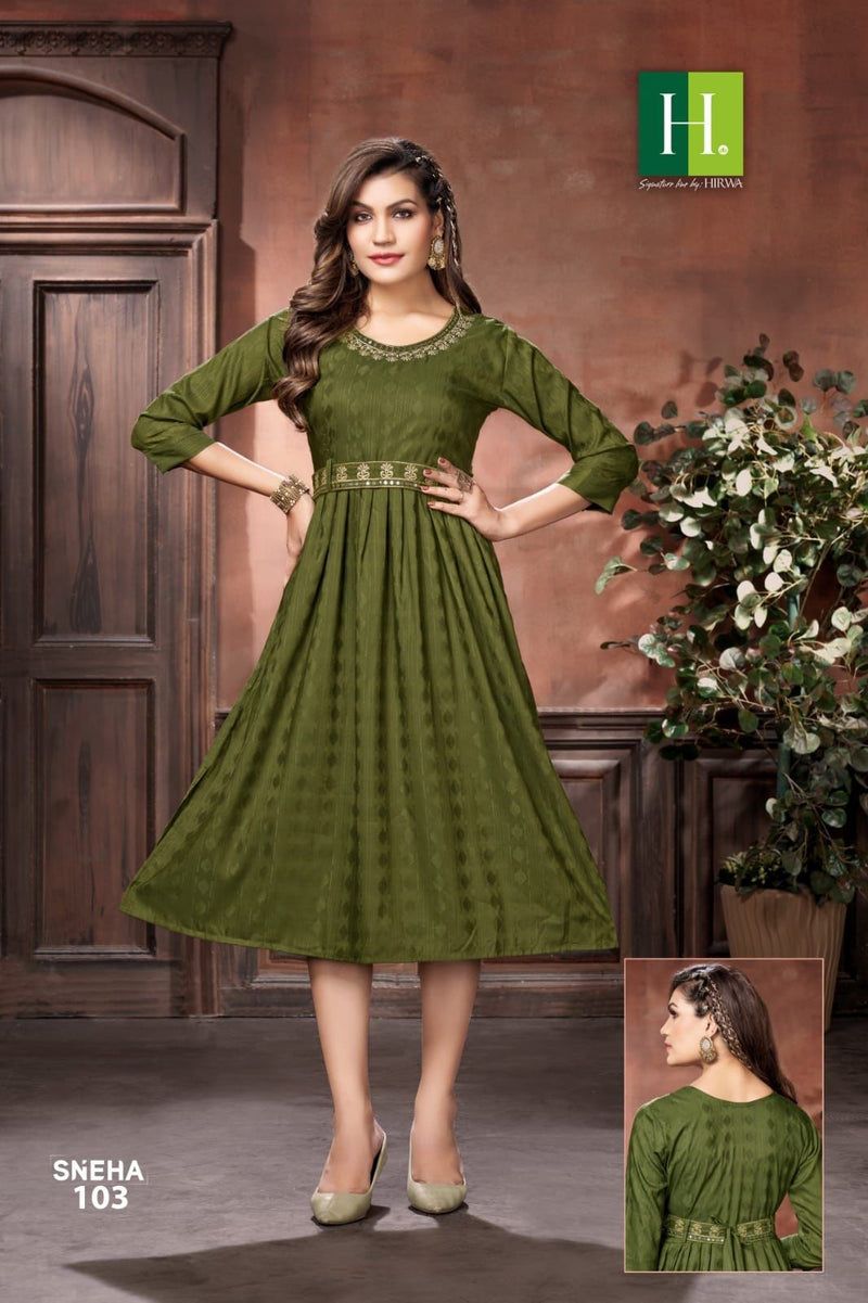 Hirwa Sneha Rayon Designer Naira Cut Style Fancy Kurtis