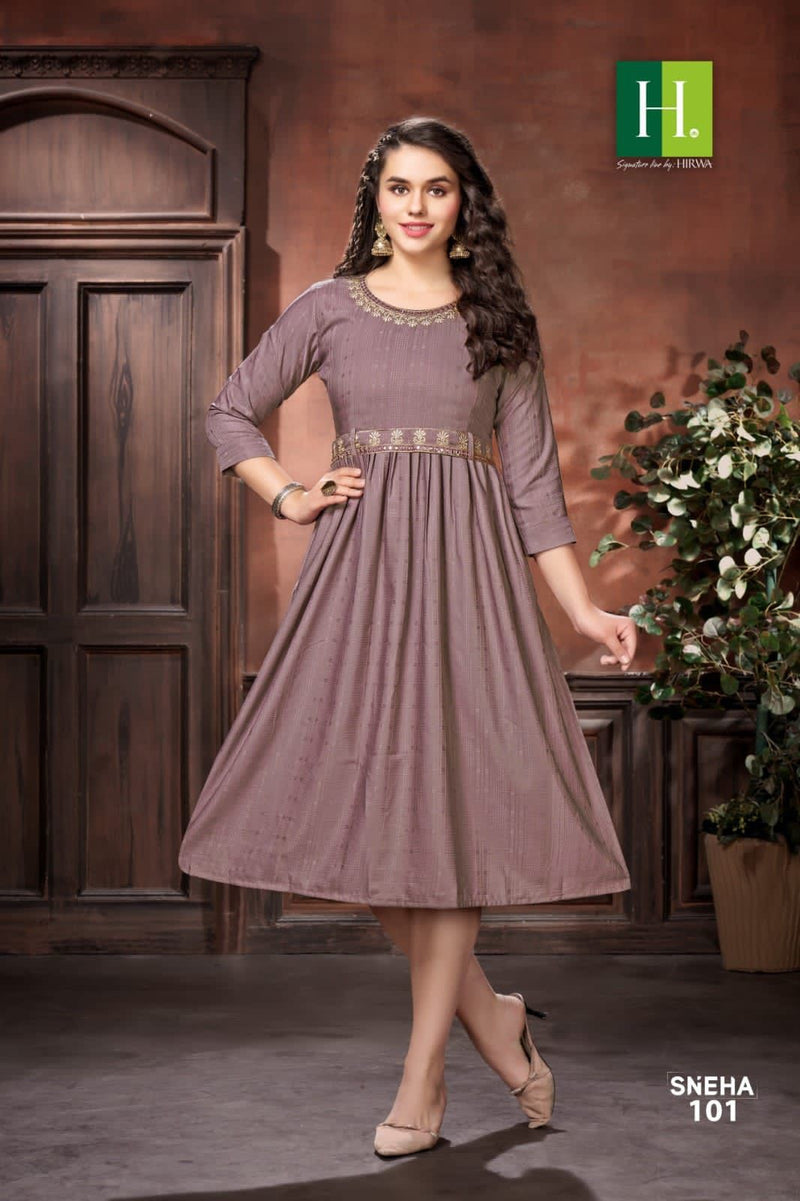 Hirwa Sneha Rayon Designer Naira Cut Style Fancy Kurtis