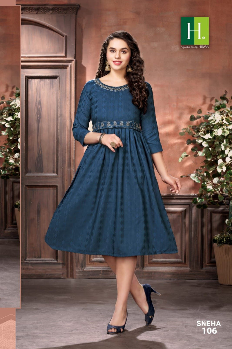 Hirwa Sneha Rayon Designer Naira Cut Style Fancy Kurtis