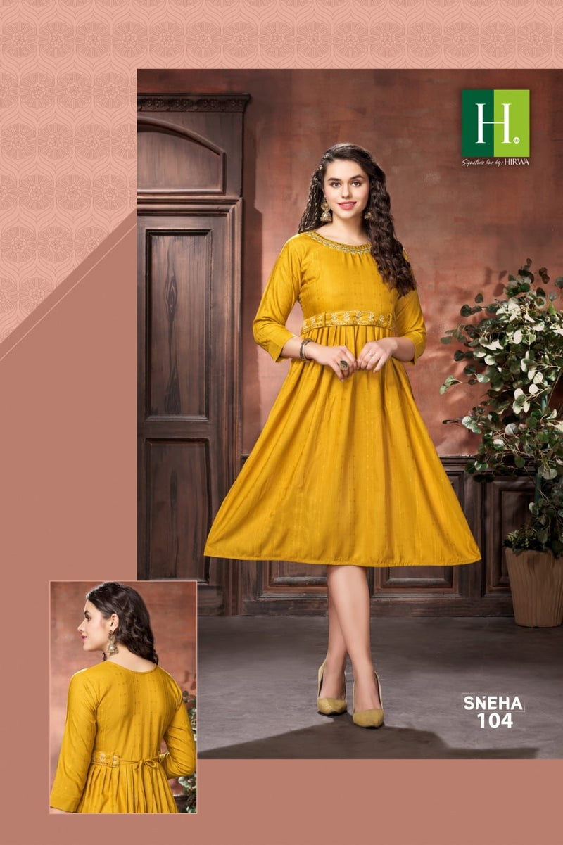 Hirwa Sneha Rayon Designer Naira Cut Style Fancy Kurtis