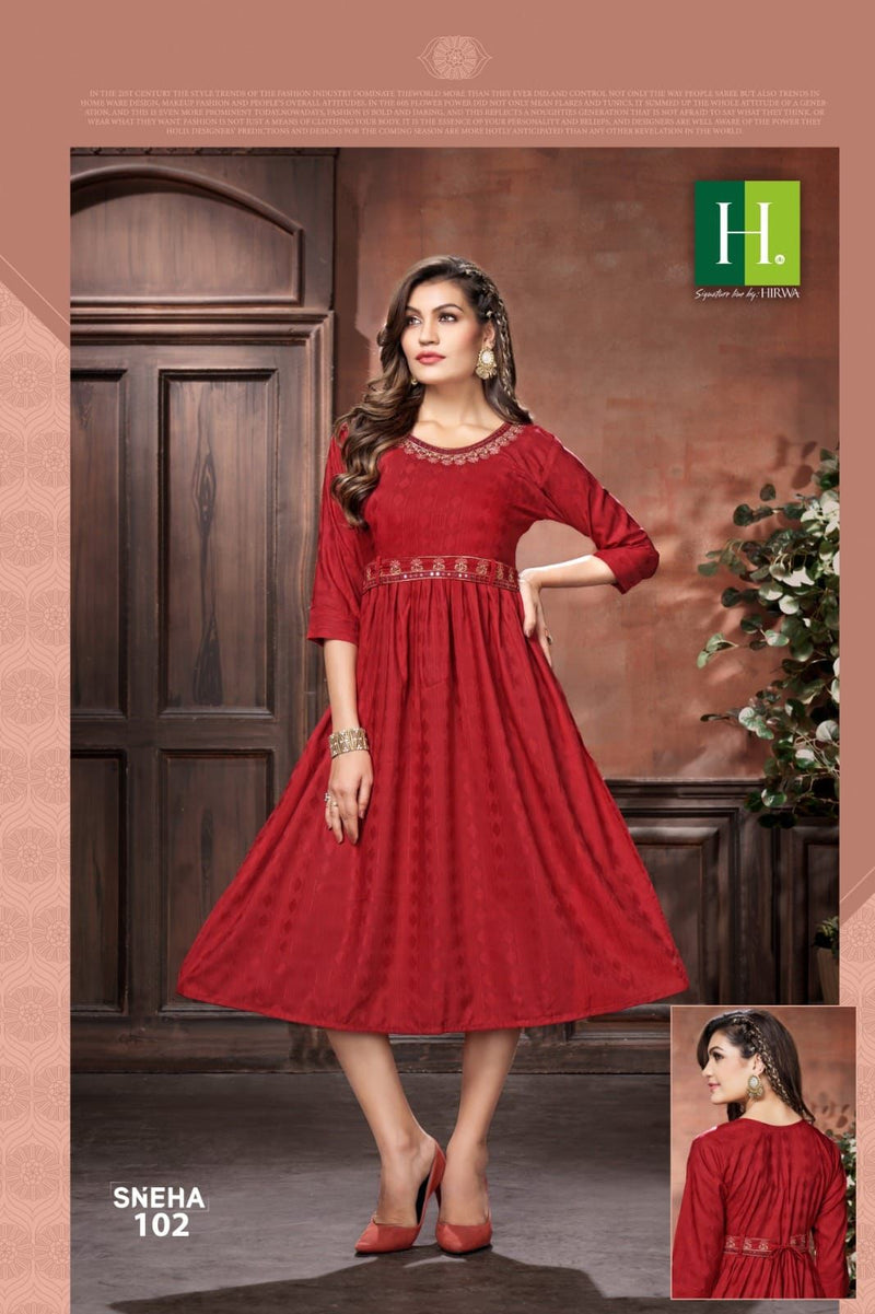 Hirwa Sneha Rayon Designer Naira Cut Style Fancy Kurtis