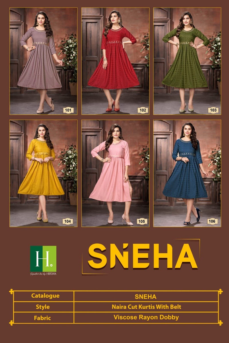 Hirwa Sneha Rayon Designer Naira Cut Style Fancy Kurtis