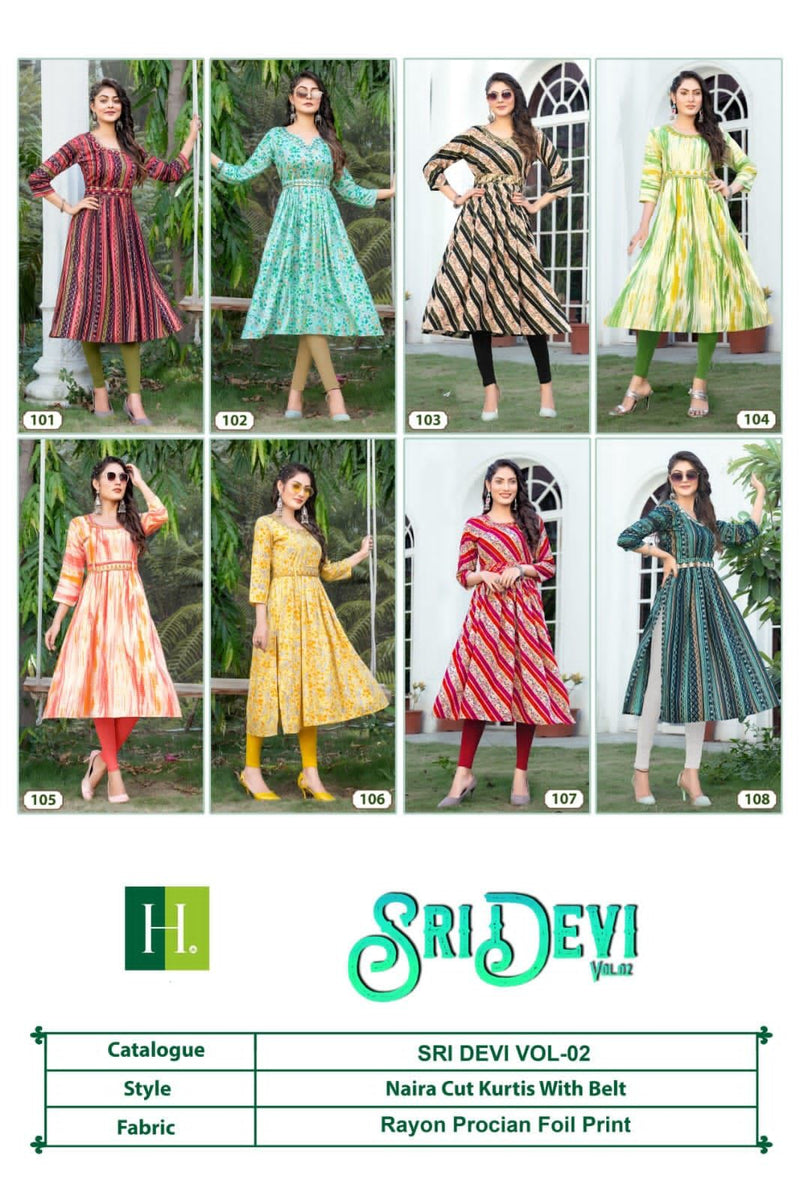 Hirwa Sridevi Vol 2 Rayon Foil Prints Fancy Naira Cut Style Kurtis Work Salwar Kameez