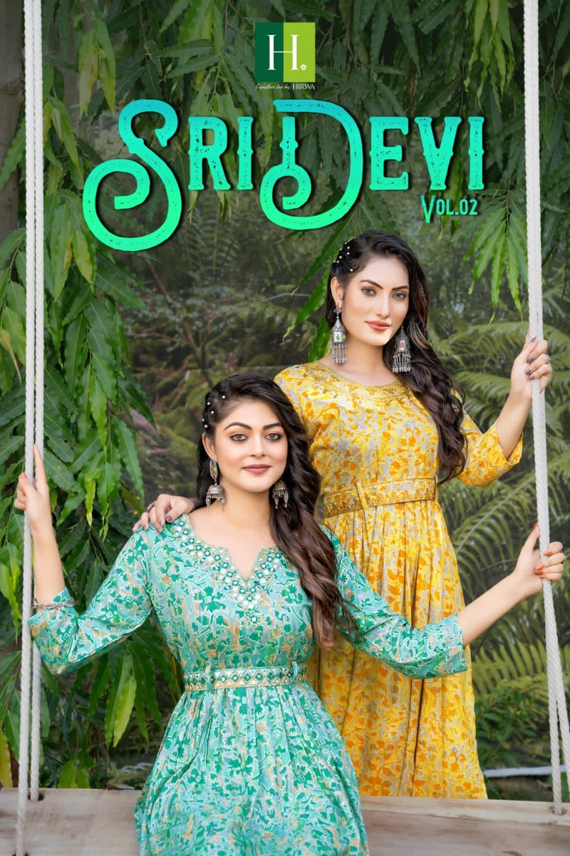 Hirwa Sridevi Vol 2 Rayon Foil Prints Fancy Naira Cut Style Kurtis Work Salwar Kameez