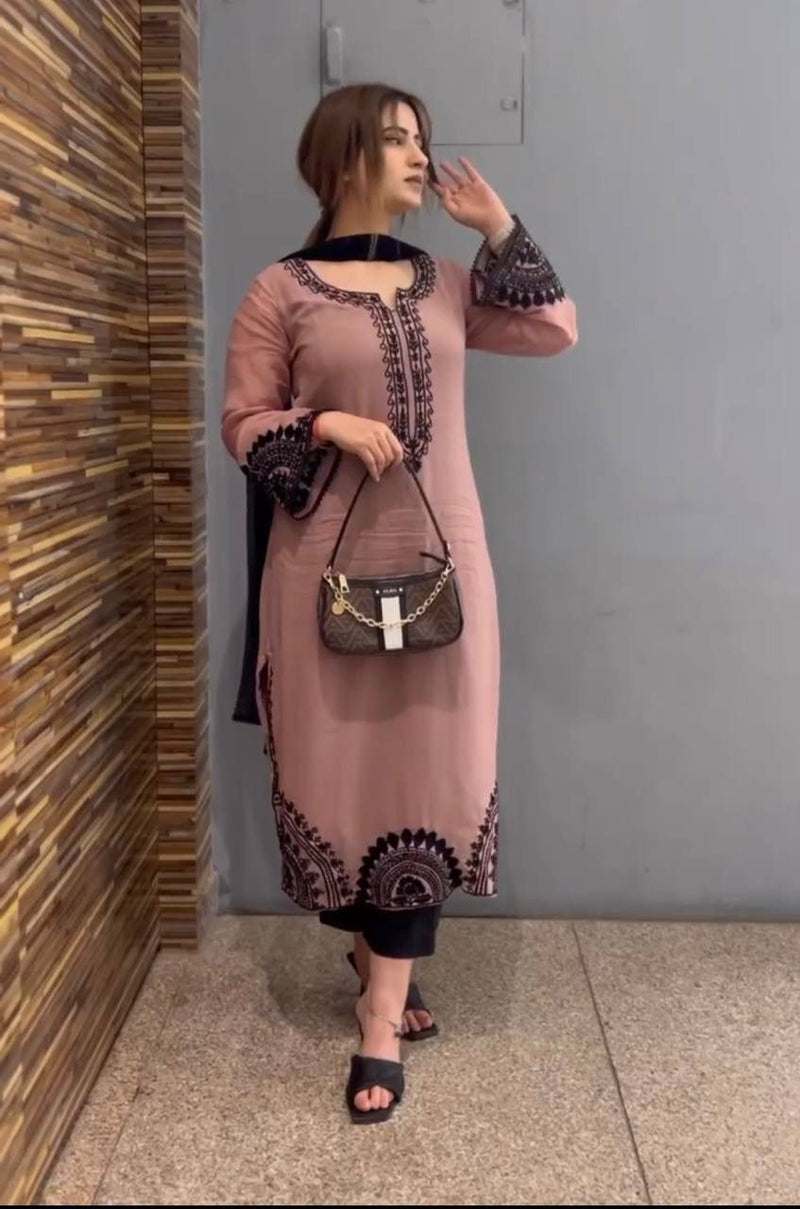 St 34 Georgette Fancy Work Pink Shade Pakistani Designer Kurti Collection