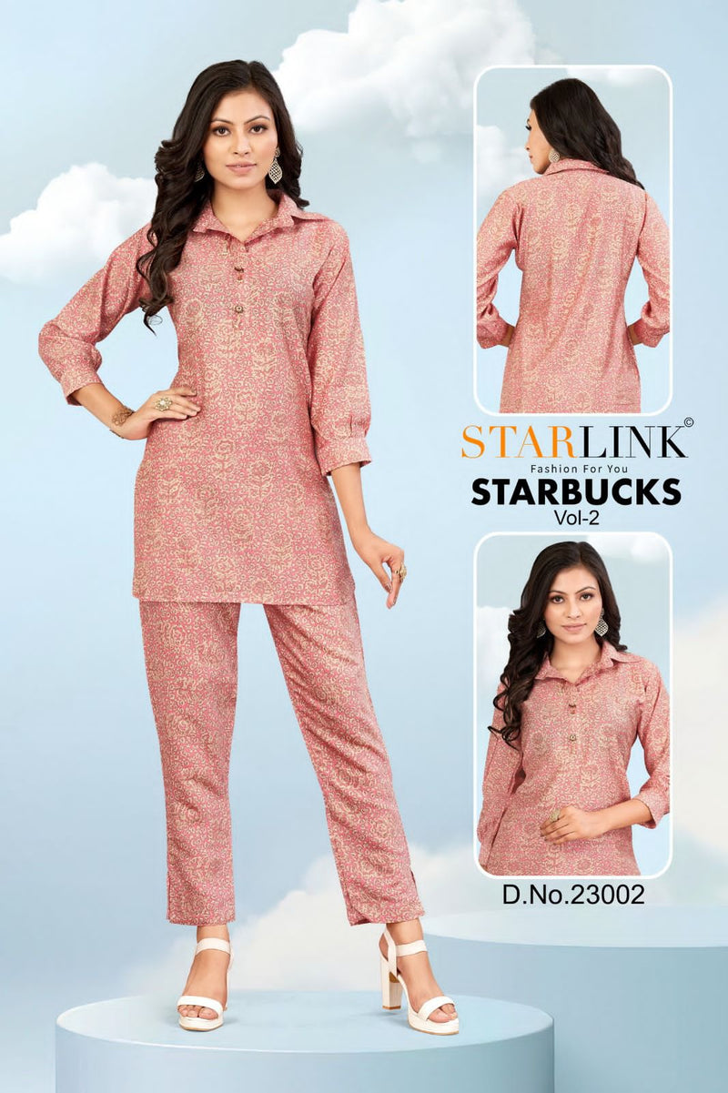 Starlink Starbucks Vol 2 Viscose Silk Designer Prints Shirt Pattern Top With Bottom Set Cord Set