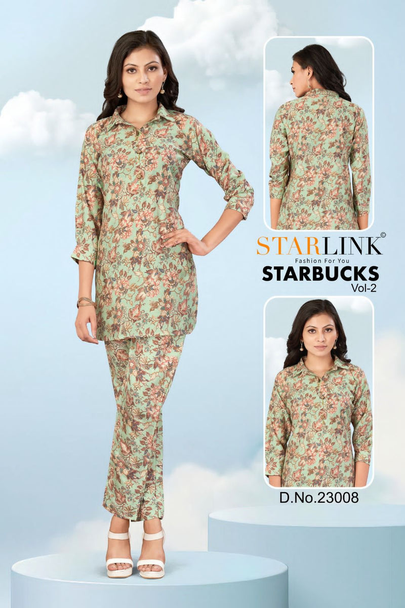 Starlink Starbucks Vol 2 Viscose Silk Designer Prints Shirt Pattern Top With Bottom Set Cord Set