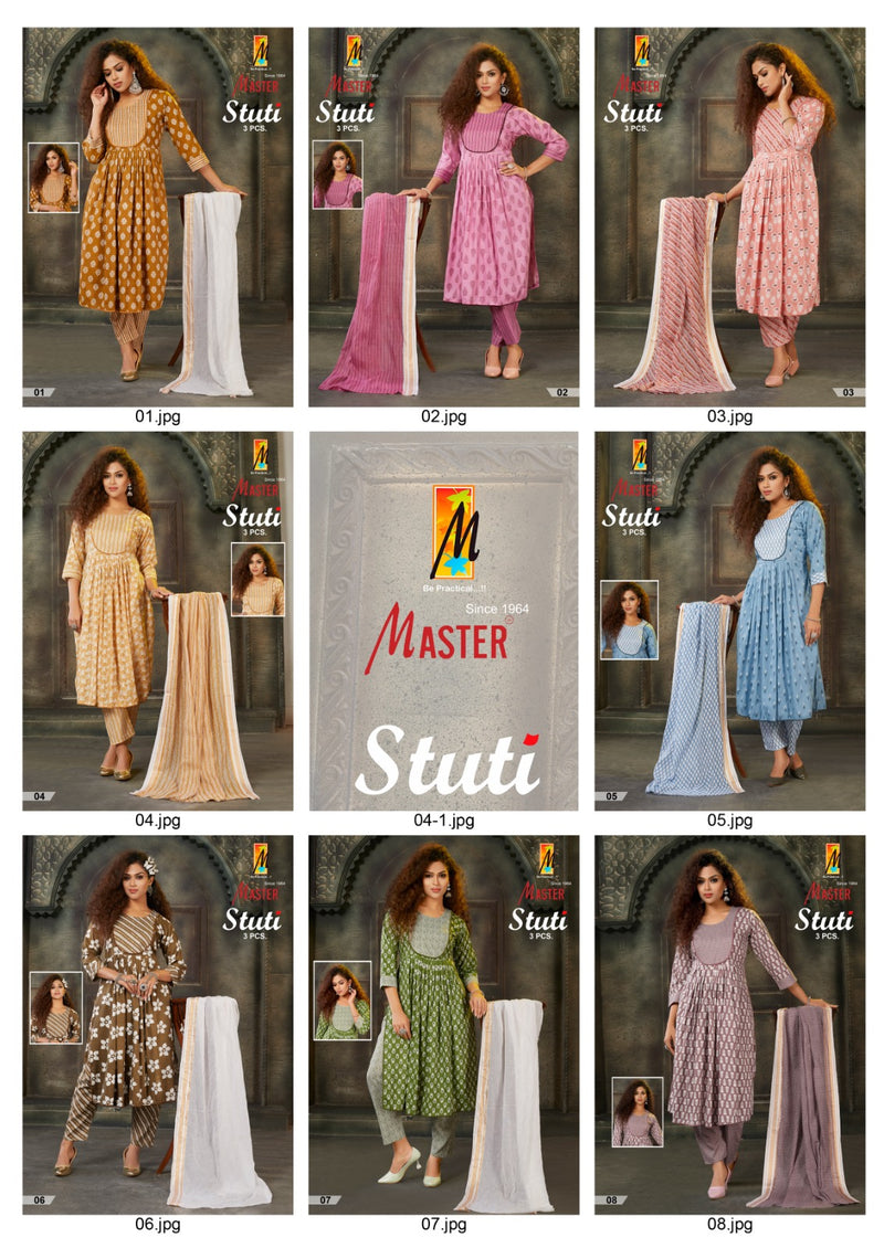 Master Stuti Rayon Printed Fabric Naira Style Kurti Bottom & Dupatta Collection