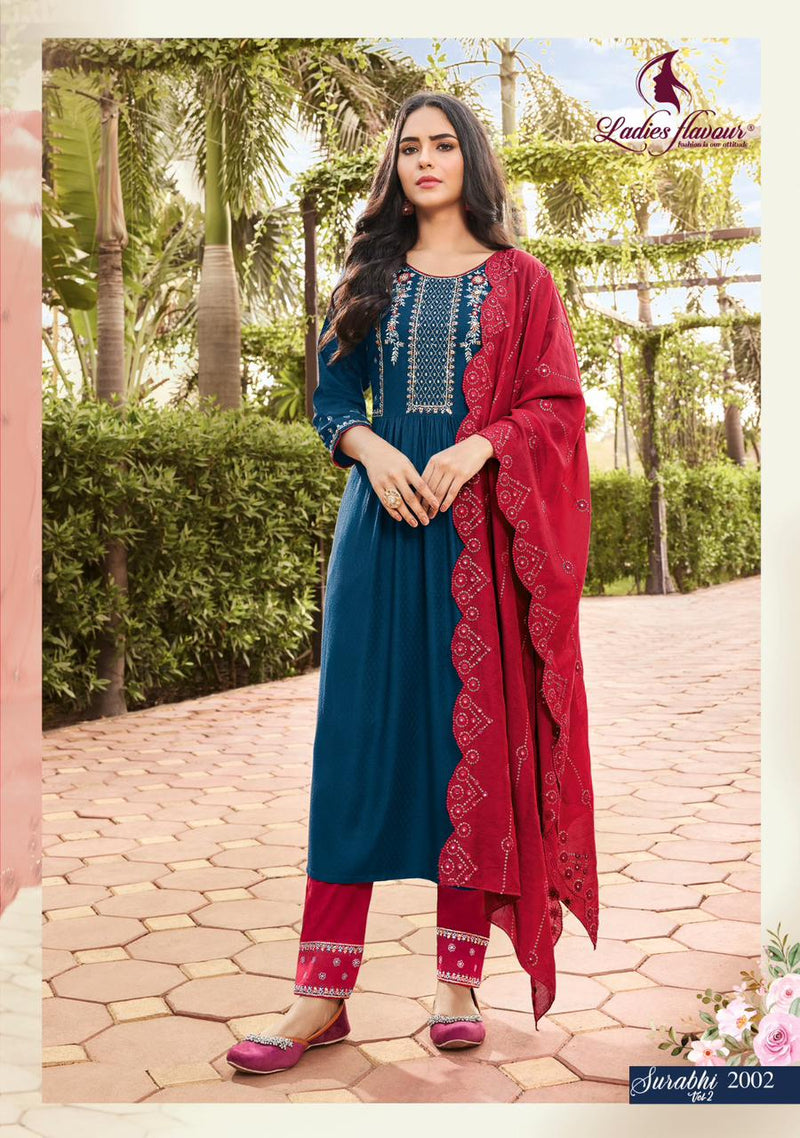 Ladies Flavour Surabhi Vol 2 Rayon Weaving With Embroidery Work Kurti Collection
