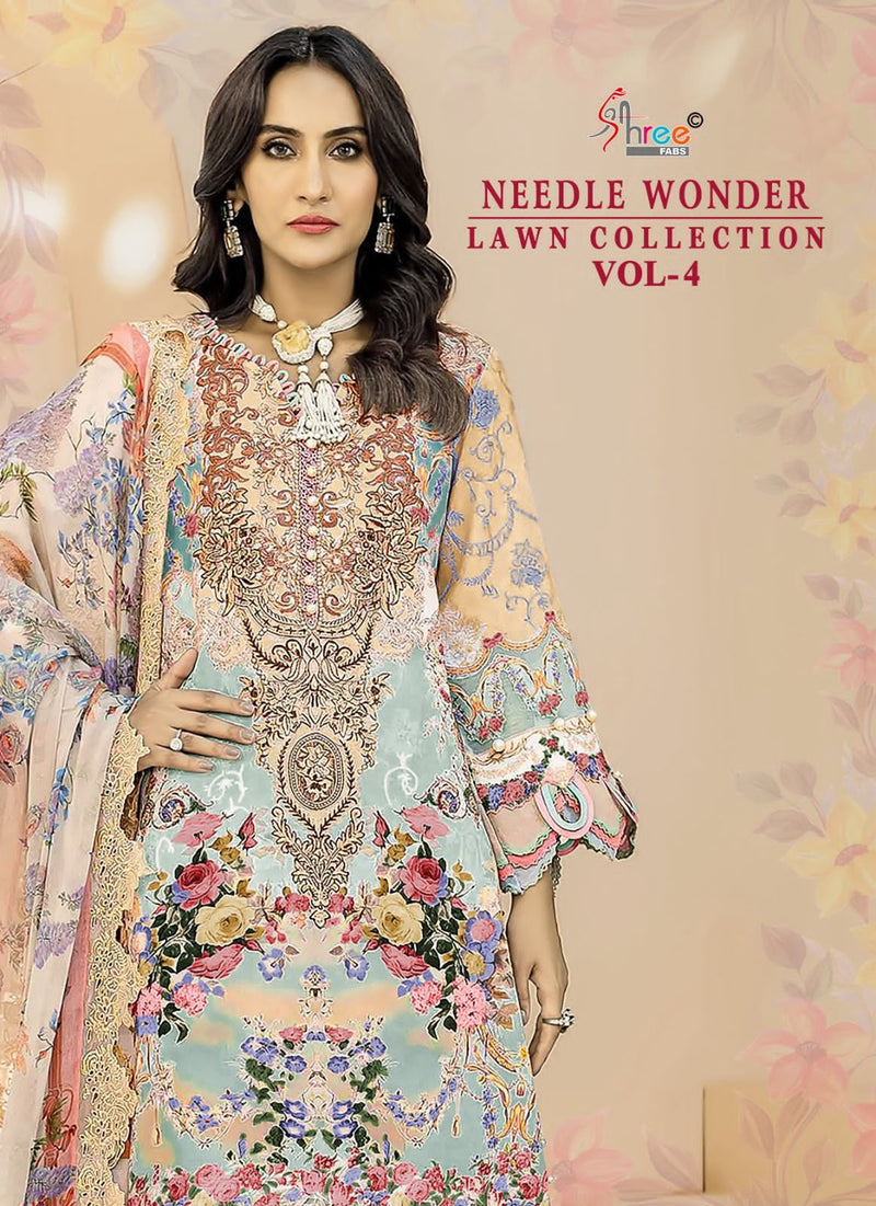 Shree Fabs Needle Wonder Lawn Vol 4 Pure Cotton Print With Emroidery Work Salwar Suit