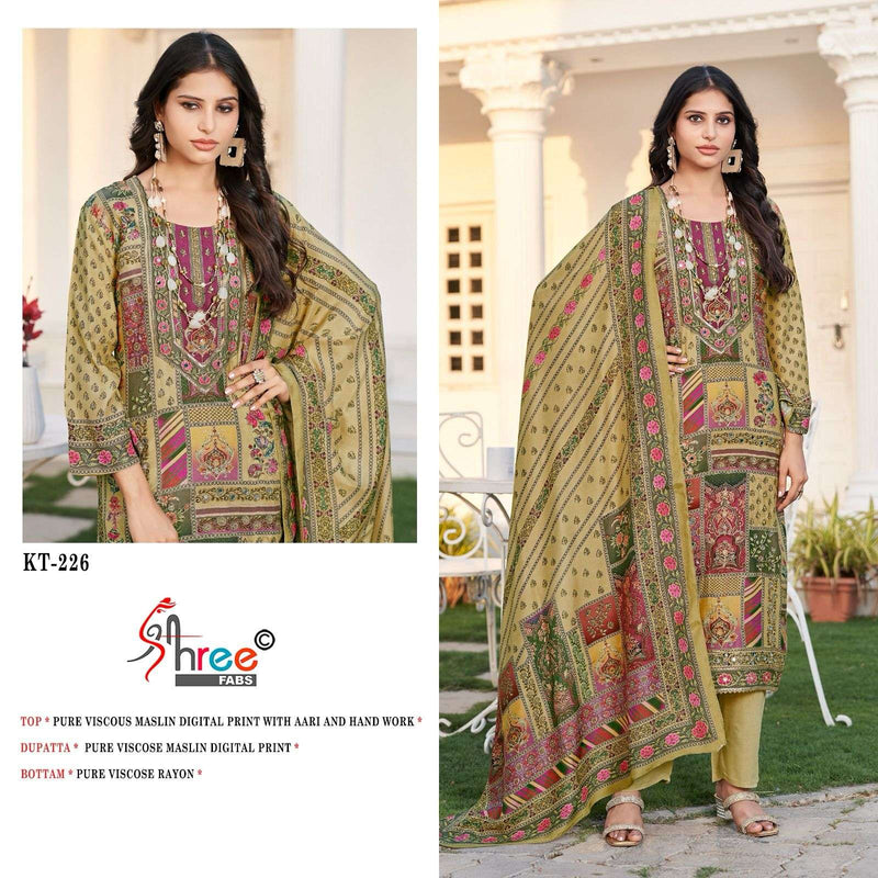 Shree Fabs Kt 226 Pure Viscose Maslin Digital Print Handwork Salwar Suit