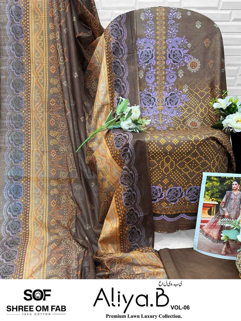 Shree Om Fab Aliya B Vol 6 Pure Lawn Cotton Print Karachi Suit