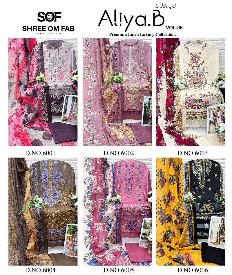 Shree Om Fab Aliya B Vol 6 Pure Lawn Cotton Print Karachi Suit