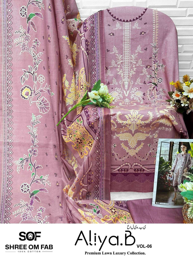 Shree Om Fab Aliya B Vol 6 Pure Lawn Cotton Print Karachi Suit