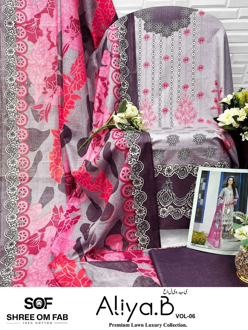 Shree Om Fab Aliya B Vol 6 Pure Lawn Cotton Print Karachi Suit