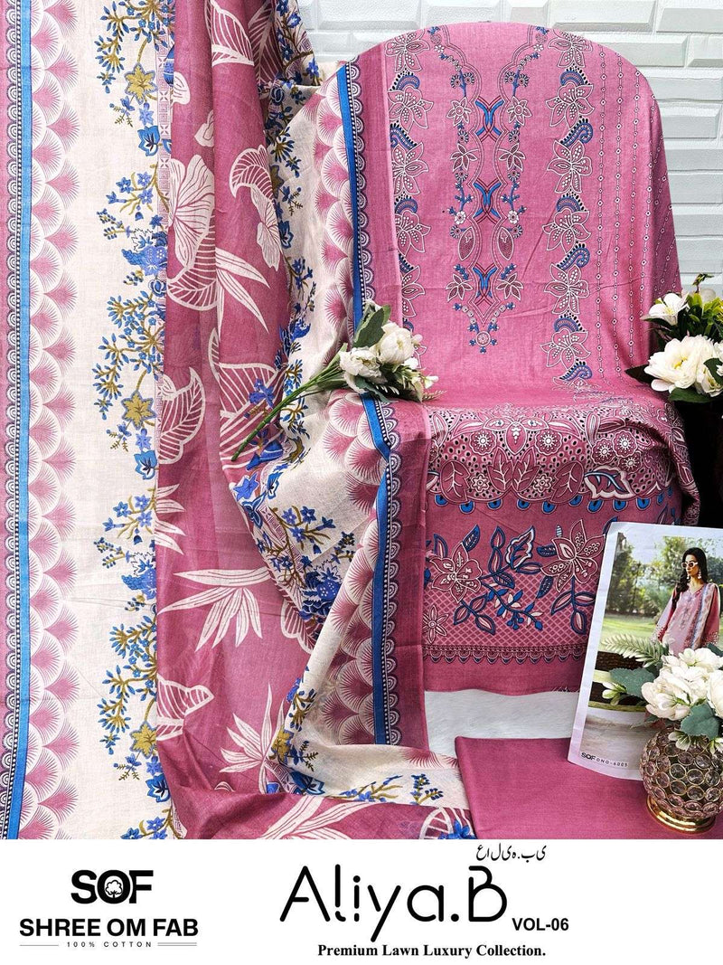 Shree Om Fab Aliya B Vol 6 Pure Lawn Cotton Print Karachi Suit