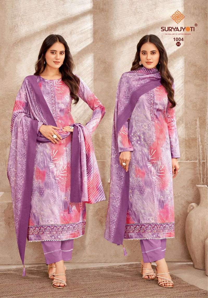 Suryajyoti Prachi Vol 1  Jam Satin Print With Foil And Khadi Also Neck & Border Embroidery Salwar Suit