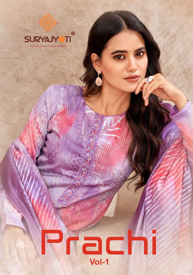 Suryajyoti Prachi Vol 1  Jam Satin Print With Foil And Khadi Also Neck & Border Embroidery Salwar Suit