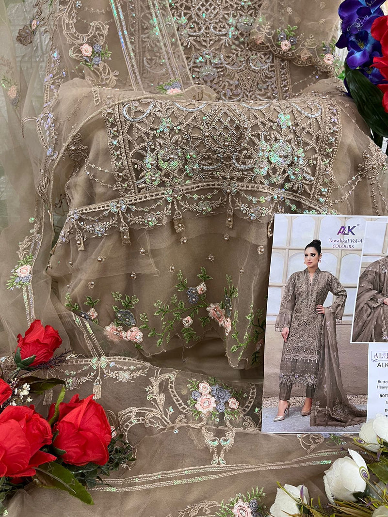 Al Khushbu Tawakkal Vol 4 Butterfly Net With Hevay Embroidery Designer Pakistani Suits