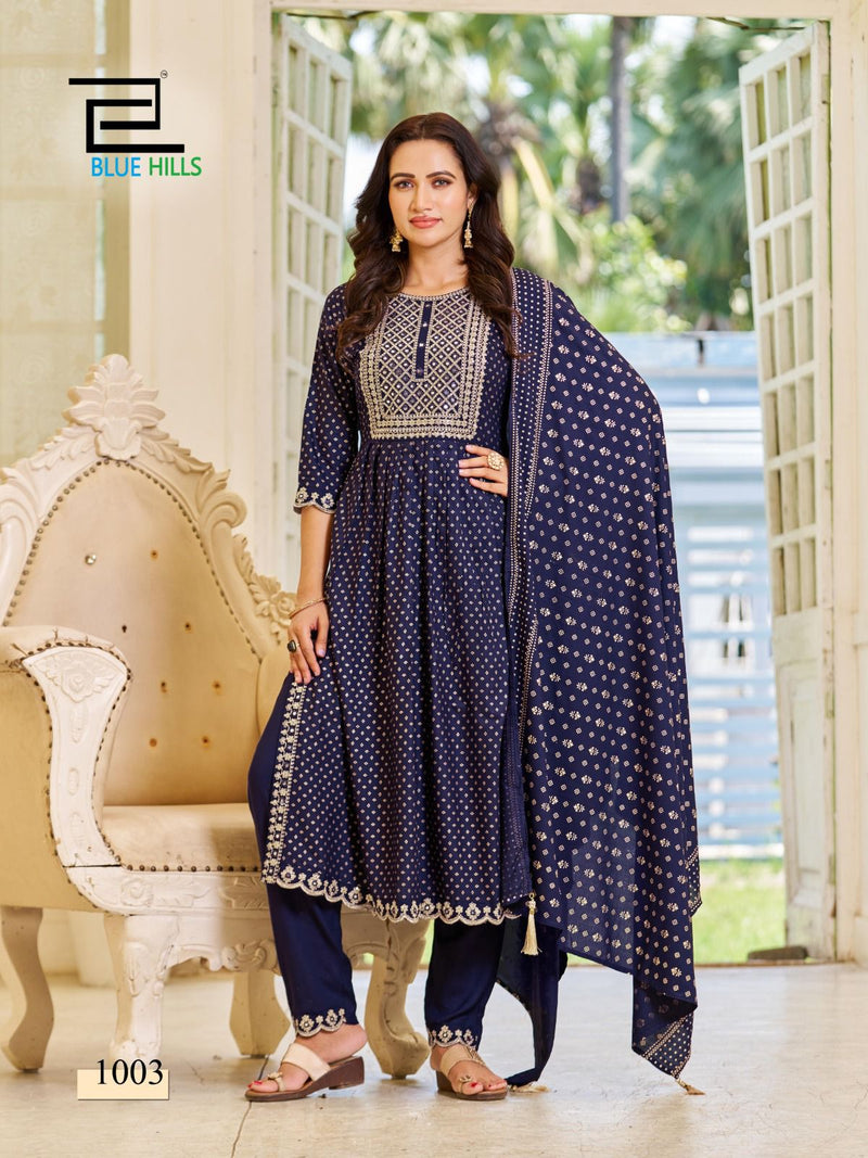 Blue Hills Trend Capture Rayon Foil Printed Designer Naira Style Kurti Collection