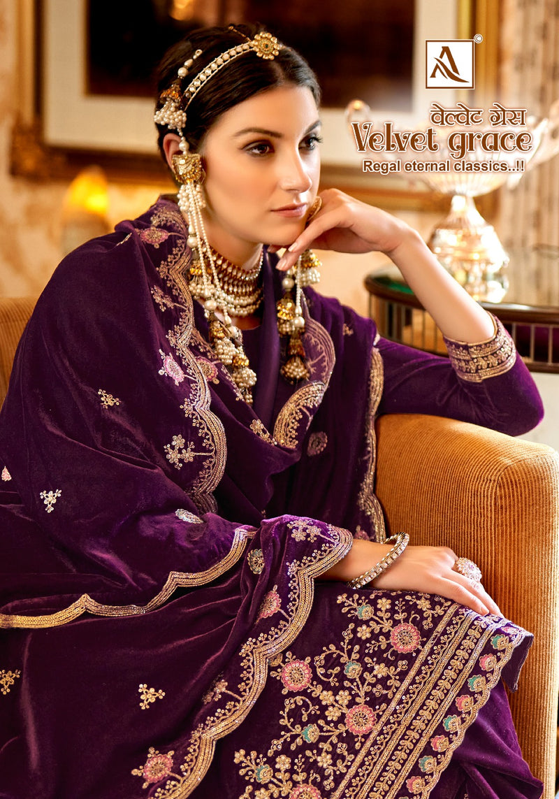 Alok Suits Velvet Grace Velvet With Embroidery Work Heavy Look Suits
