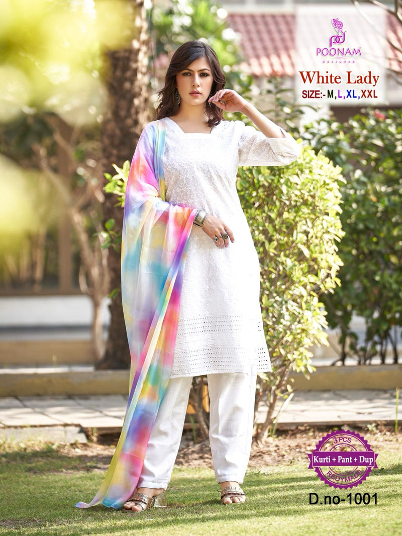 Poonam Designer White Lady Cotton Kurti And Pant With Printed Dupatta