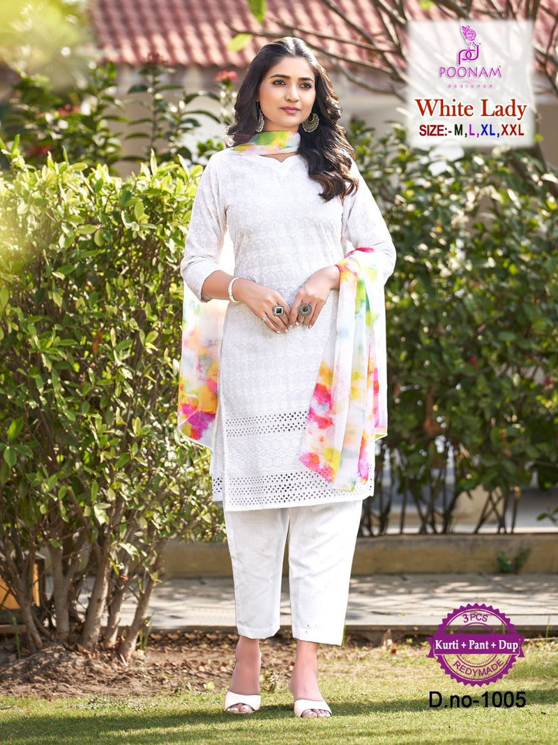 Poonam Designer White Lady Cotton Kurti And Pant With Printed Dupatta