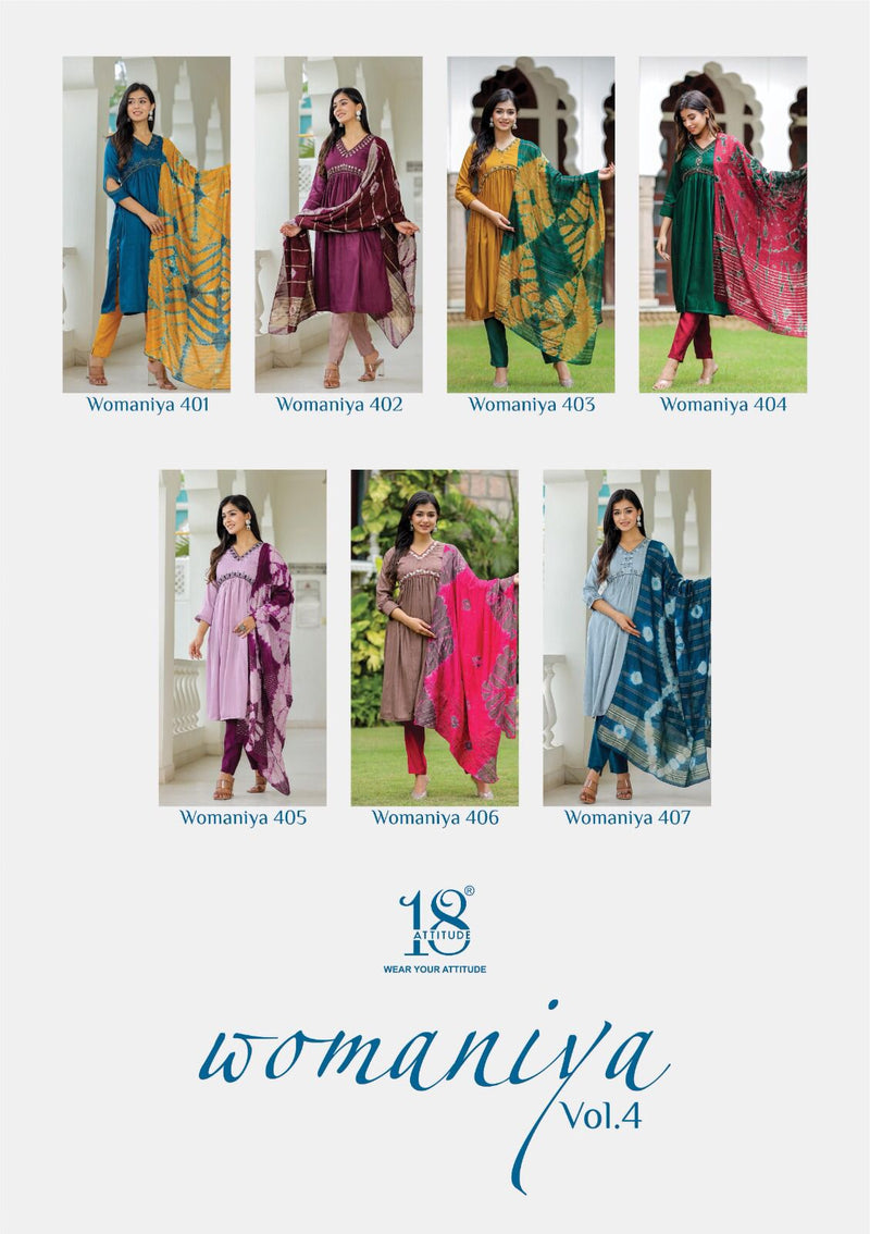18 Attitude Womaniya Vol 4 Chinon Fancy Designer Alia Cut Pattern Kurti Pant With Duppata Set