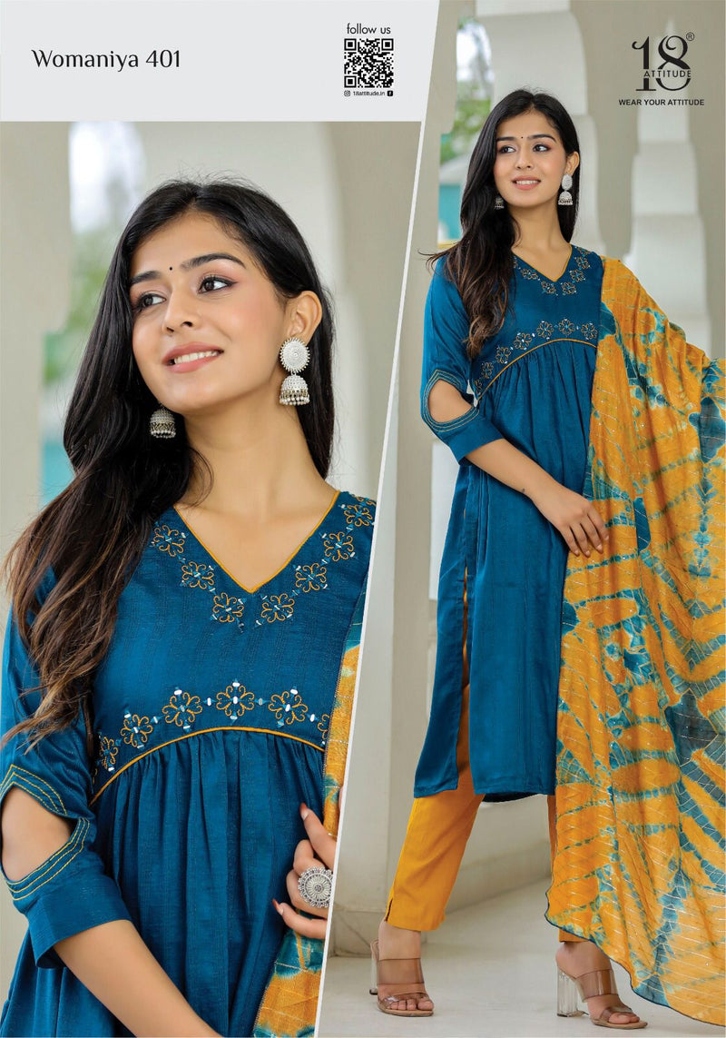 18 Attitude Womaniya Vol 4 Chinon Fancy Designer Alia Cut Pattern Kurti Pant With Duppata Set