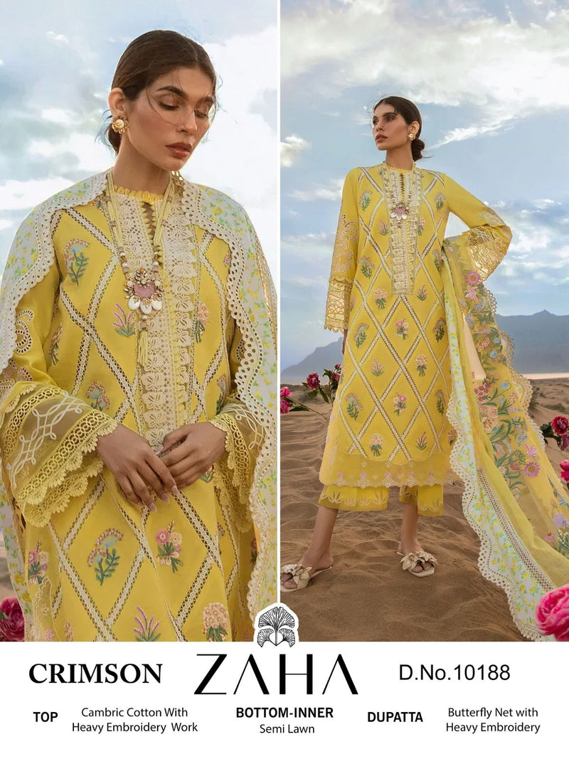 Zaha Crimson Cambric Cotton With Heavy Embroidery Designer Pakistani Suit