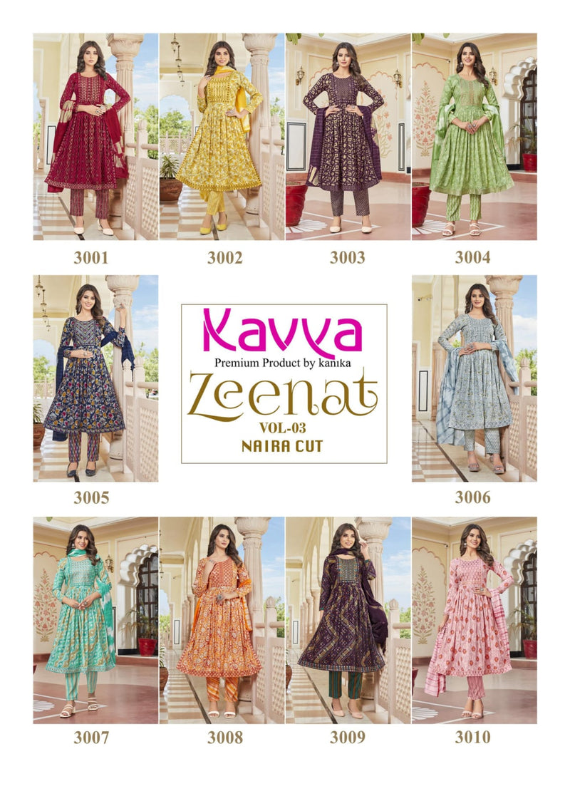 Kavya Zeenat Vol 3 Fancy Foil Printed Naira Style Readymade Kurti Combo Set