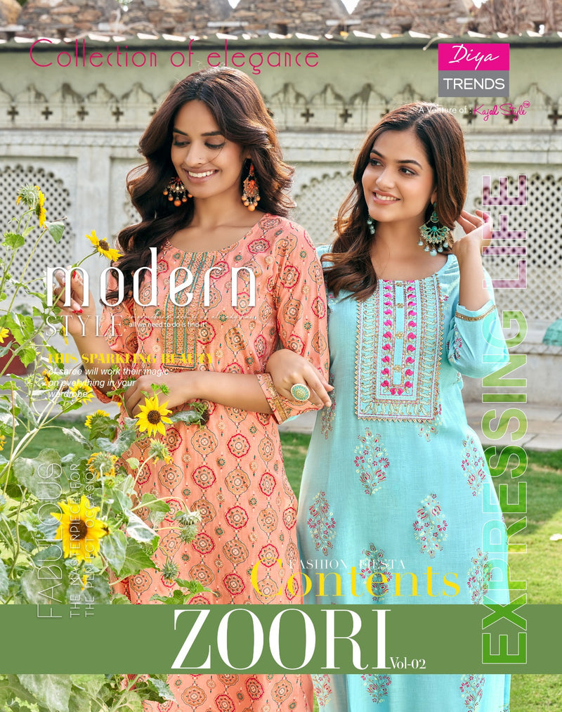 Diya Trends Zoori Vol 2 Rayon Gold Prints Fancy Embroidery Work Kurti With Pant Pair