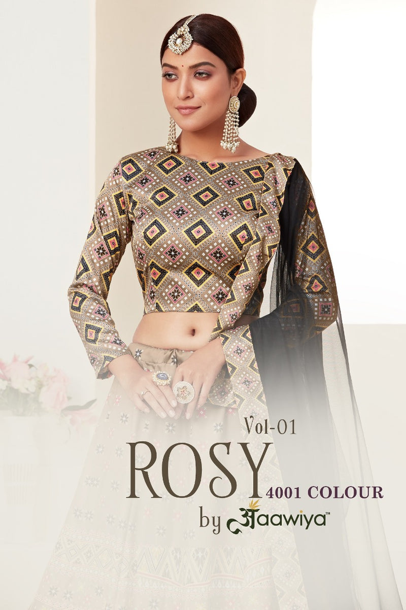 Aawiya Official Rosy 4001 Colours Ajmeri Silk Digital Printed Lehngas