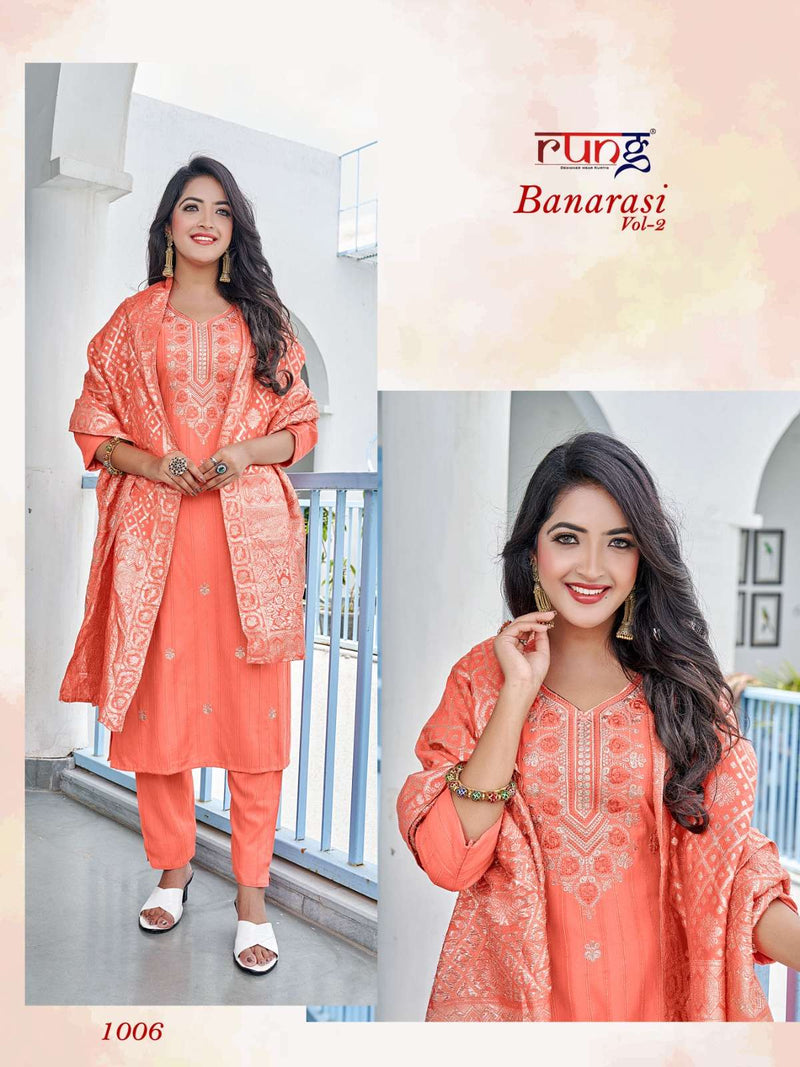 Rung Banarasi Vol 2 Lining Rayon With Embroidery Work Casual Kurtis With Bottom Collection