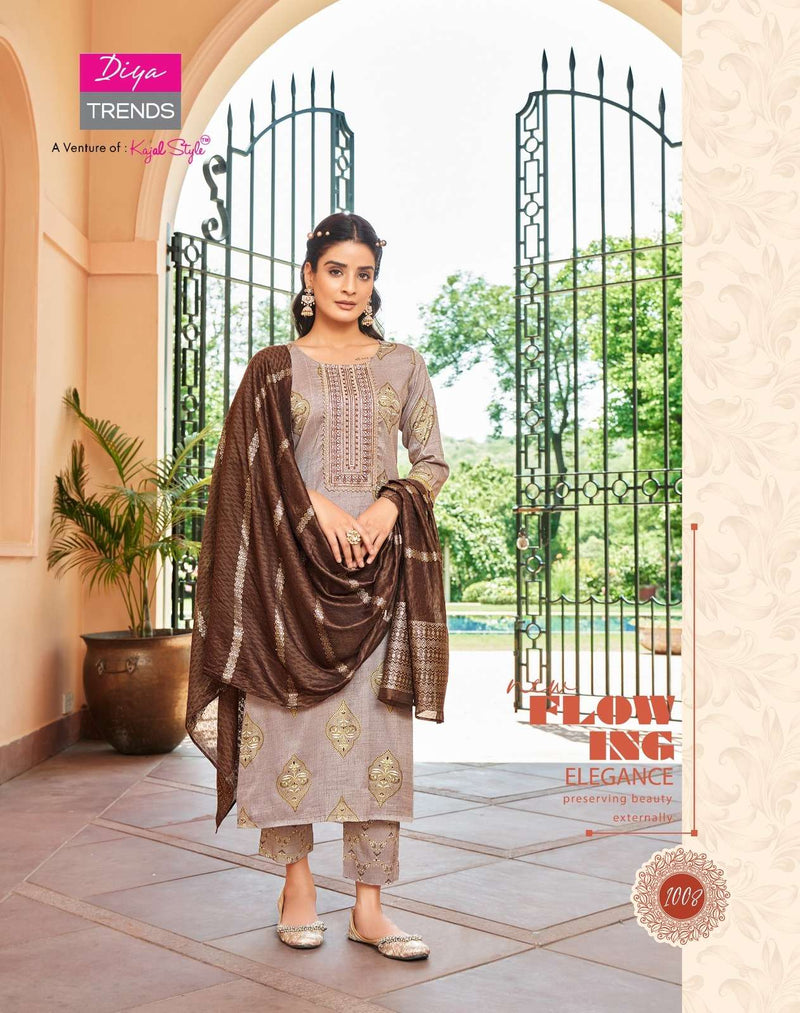 Diya Trends Present Rangpriya Vol 1 Claasy Gold Print Straight Kurti With Pant And Dupatta