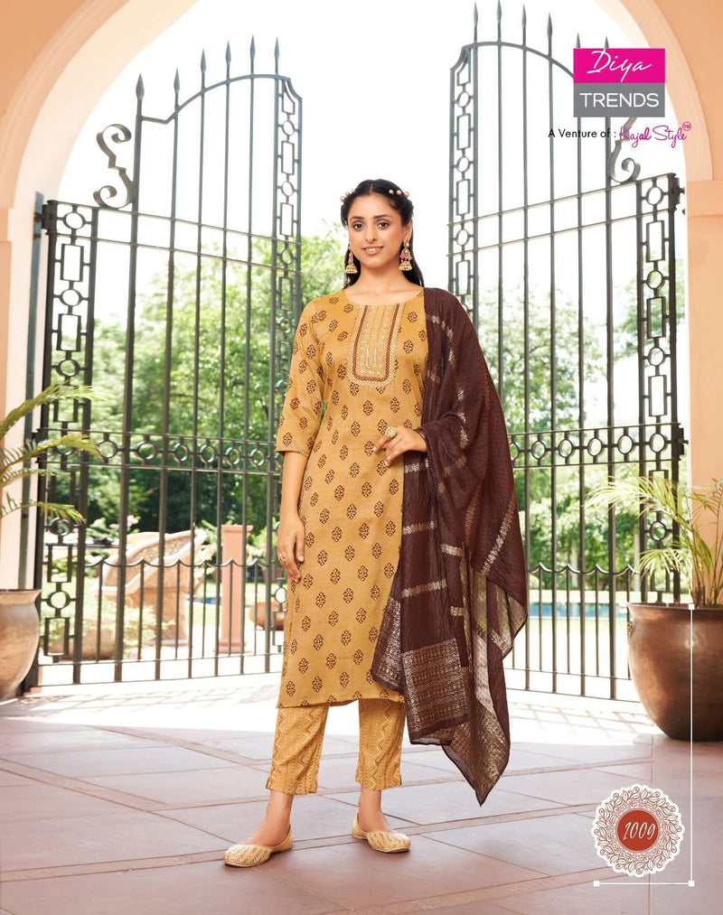 Diya Trends Present Rangpriya Vol 1 Claasy Gold Print Straight Kurti With Pant And Dupatta
