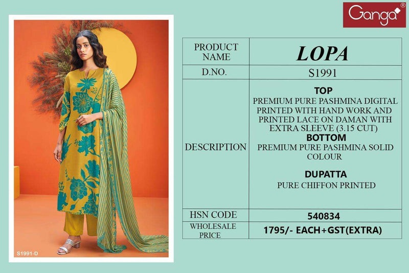 Ganga Lopa 1991 Pure Pashmina Digital Printed With Handwork Salwar Suit Collection
