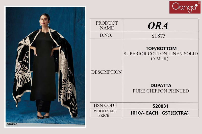 Ganga Ora 1873 Designs Cotton Linen Dress Materials With Chiffon Printed Dupatta