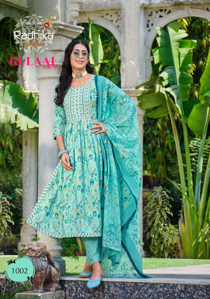 Gulaal Vol 1 By Radhika Lifestyle Nayra Cut Kurti With Printed Pant And Dupatta